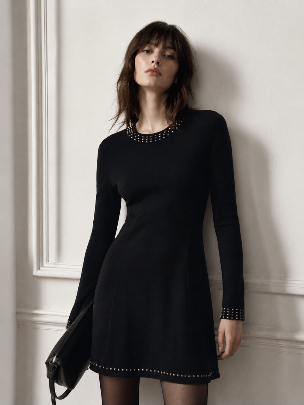 THE KOOPLES French Luxury Black Long-Sleeve Stud-Trim Mini Dress NWT